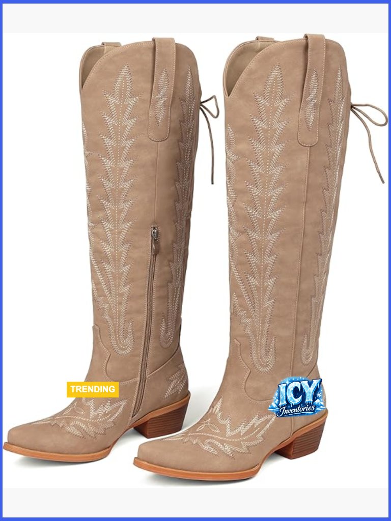 Knee High Cowboy Boots Wide Calf Embroidered Adjustable Lace Up Western Boots